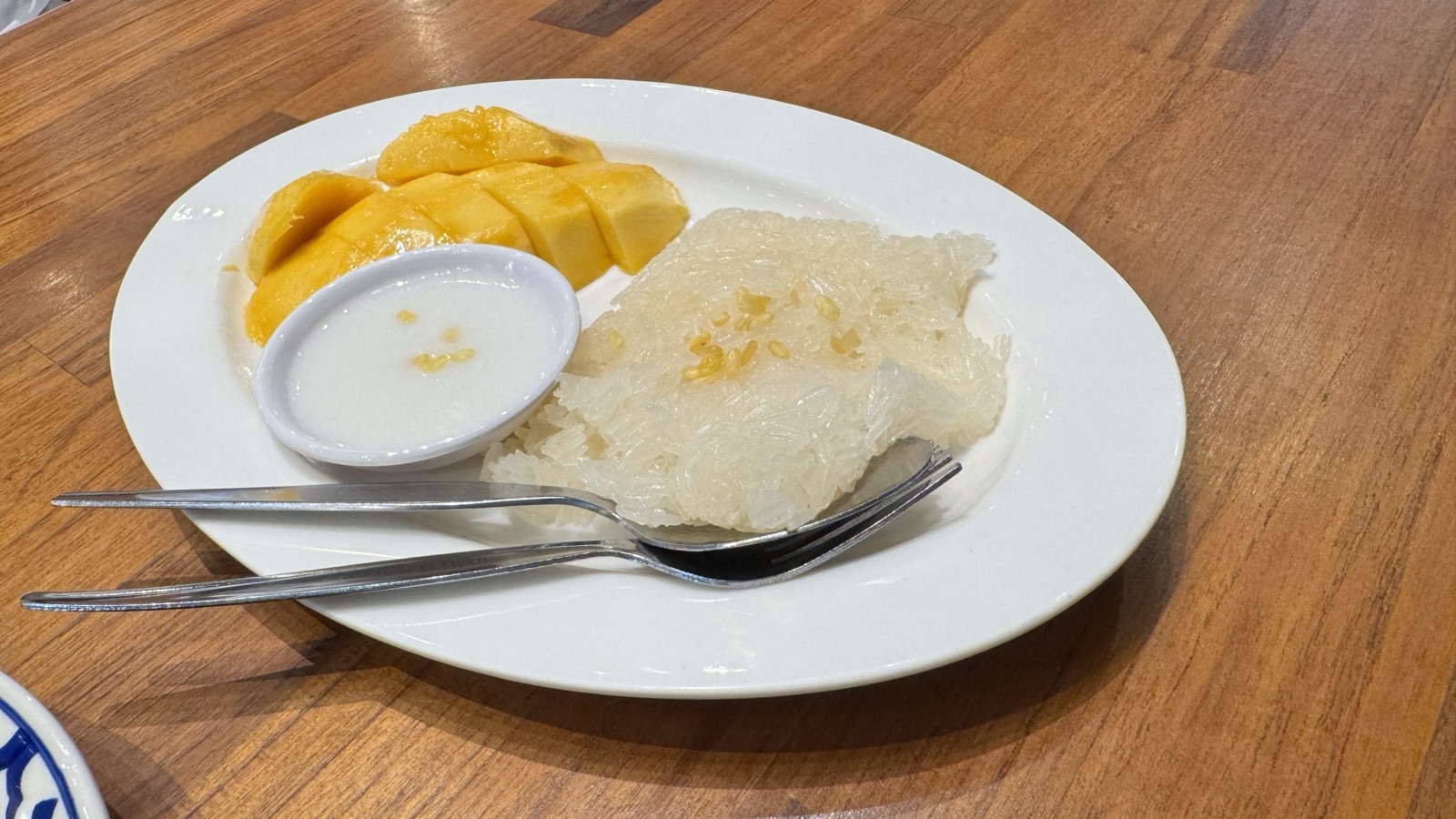 ข้าวเหนียวมะม่วงกับกะทิในจานขาว